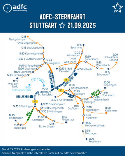 Eine Karte der Sternfahrt nach Stuttgart mit den verschiedenen Stationen. Es gibt verschiedene 