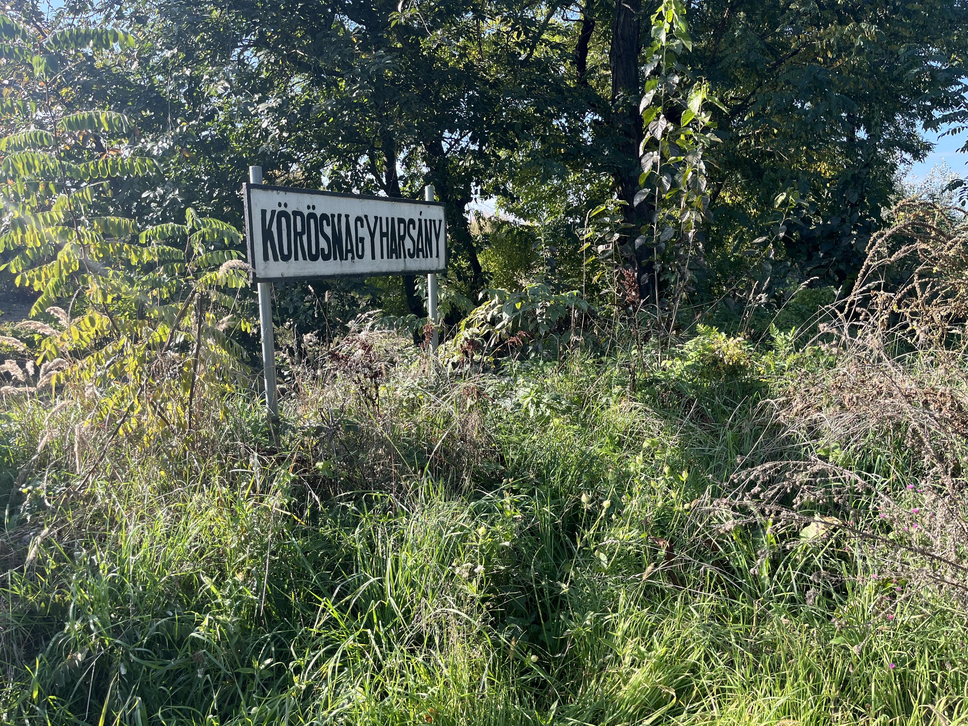 Old Körösnagyharsány station sign in bushes