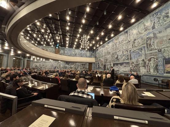 Foto des voll besetzten Ratssaal ohne Zuschauerbereich. Am Rednerpult ist Martin Heilig.