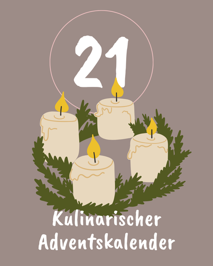 Kalendertürchen Nr 21 mit einem Adventskranz und vier angezündeten Kerzen