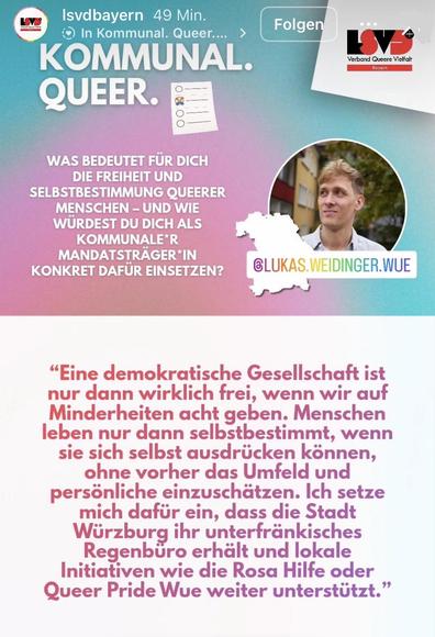 Ein hochformatiger Screenshot einer Instagram Story des LSVD mit meinem Statement zu Freiheit und Selbstbestimmung.