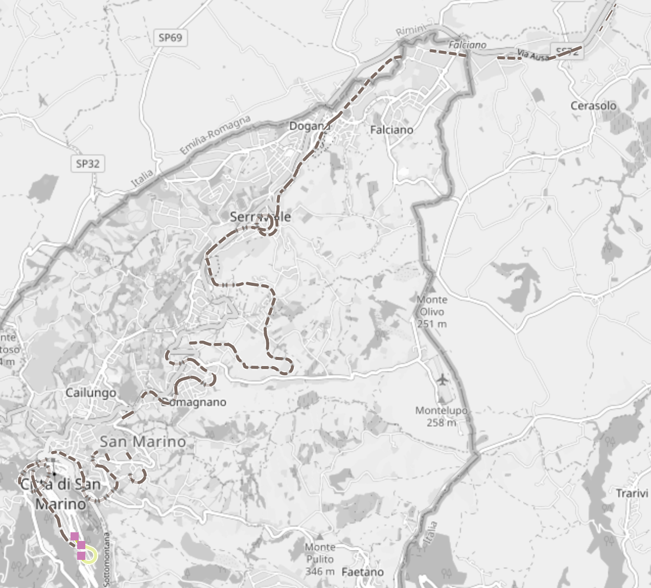 Rail map of San Marino showing the route of the line