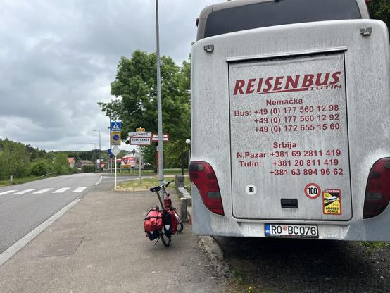 A Montenegro bus at the France - Luxembourg border 