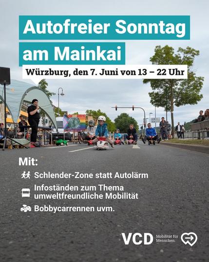 Bereitgestellt von @altbot, privat und lokal generiert mit Gemma4:26b

Ein Veranstaltungsplakat zeigt eine Straßenszene mit dem Text „Autofreier Sonntag am Mainkai“ und „Würzburg, den 7. Juni von 13 – 22 Uhr“. Im Hintergrund sind auf einer asphaltierten Straße Personen, Kinder in Bobbycars sowie Zelte und Bäume unter einem bewölkten Himmel zu sehen. Der Text im unteren Bereich lautet: „Mit: Schlender-Zone statt Autolärm, Infostände zum Thema umweltfreundliche Mobilität, Bobbycarrennen uvm.“. Un…