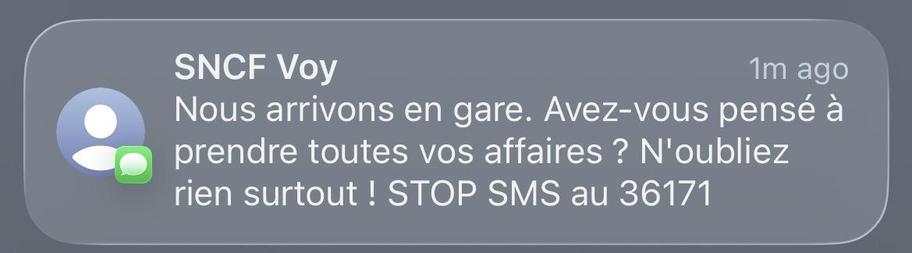 SNCF Voy
1m ago
Nous arrivons en gare. Avez-vous pensé à
prendre toutes vos affaires ? N'oubliez
rien surtout ! STOP SMS au 36171