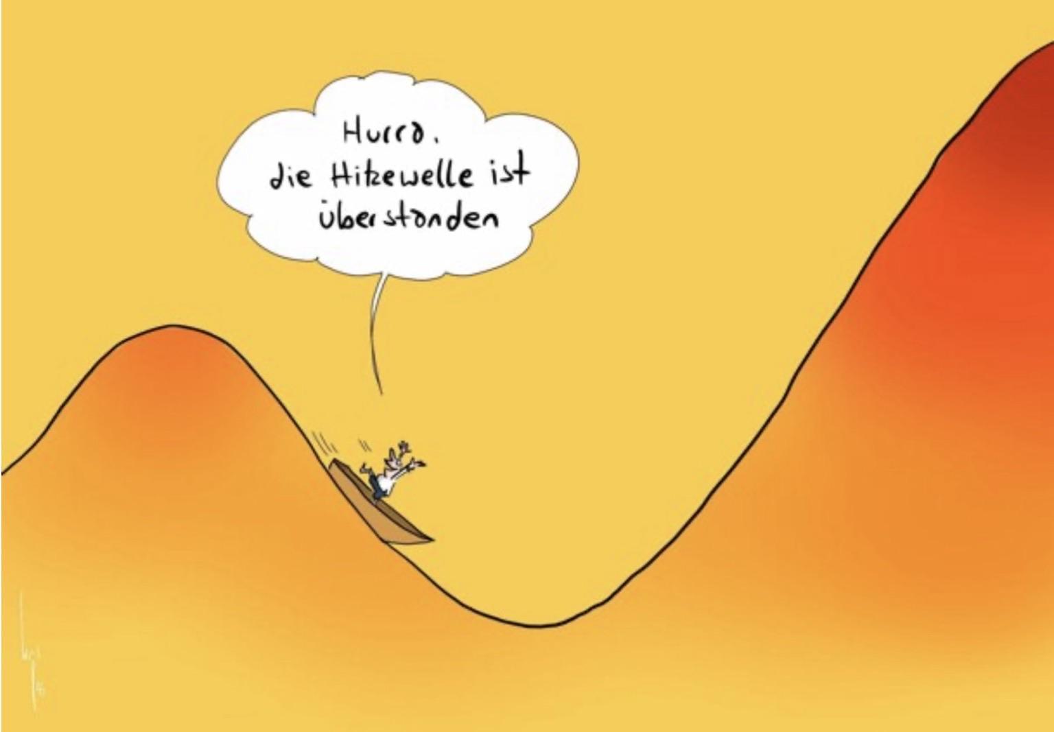 Ein gelb bis dunkelrot gefärbter Cartoon. Ein Mann fährt in einem kleinen Boot rückwärts gewandt eine mittelgroße „Hitzewelle“ hinunter und jubelt mit den Worten: Hurra, die Hitzewelle ist überstanden. Für ihn nicht sichtbar kommt nun die nächste viel größere „Hitzewelle“.  

Leider verrät die taz nicht, wer die Künstlerïn ist